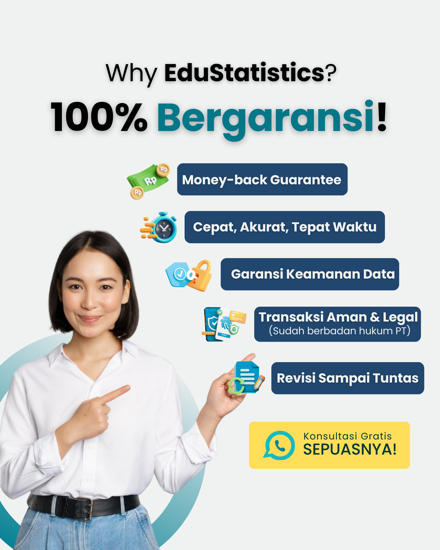 Jasa Olah Data Statistik Bergaransi | EduStatistics by Educativa.id – Konsultasi Gratis SEPUASNYA! Money-back Guarantee, 100% Bergaransi, Revisi Sampai Tuntas, Garansi Keamanan Data, serta Transaksi Aman & Legal (PT Resmi). Layanan profesional untuk mahasiswa, dosen, dan peneliti dalam olah data skripsi, tesis, disertasi, dan penelitian akademik. Dukung berbagai software seperti SPSS, SmartPLS, AMOS, R, Python, Stata, dan lainnya. Cepat, akurat, dan tepat waktu! #JasaOlahData #AnalisisStatistik #OlahDataSPSS #Statistika #DataScience #PenelitianAkademik #EduStatistics