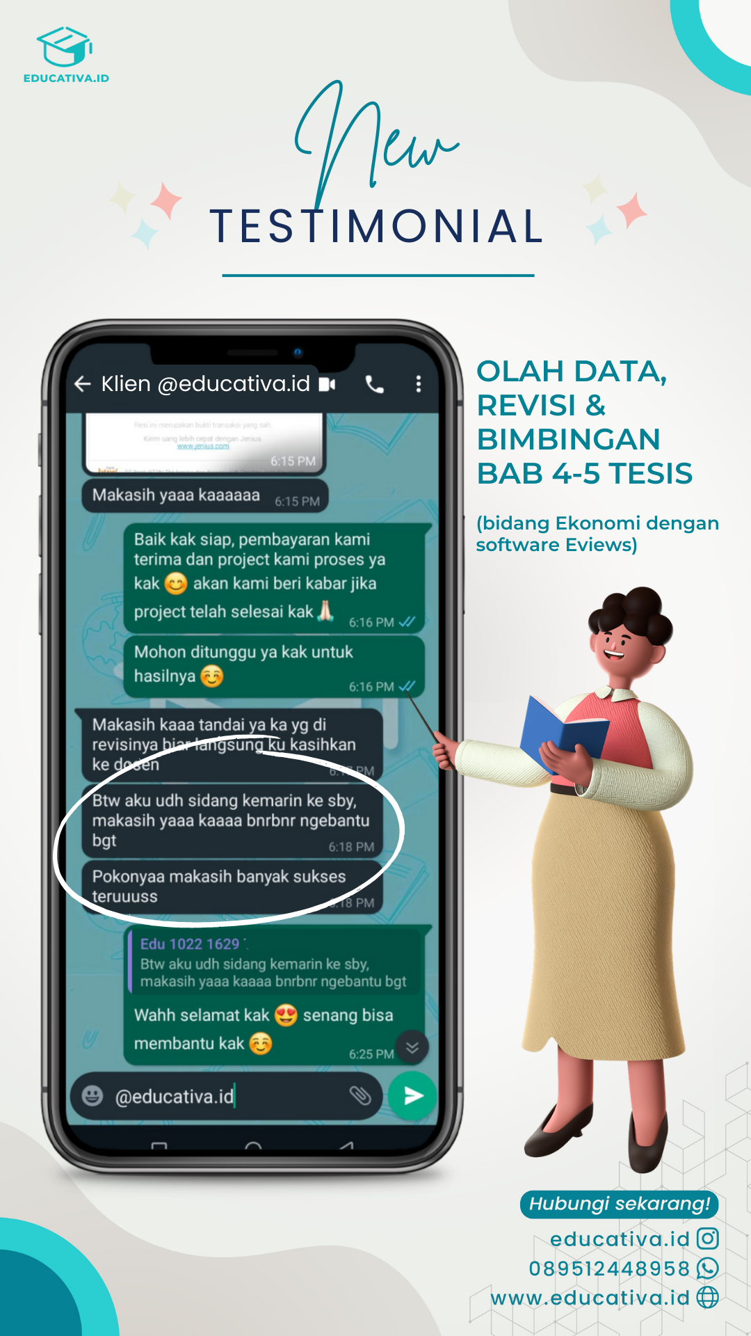 Testimoni jasa olah data kuantitatif untuk tesis dengan software Eviews.