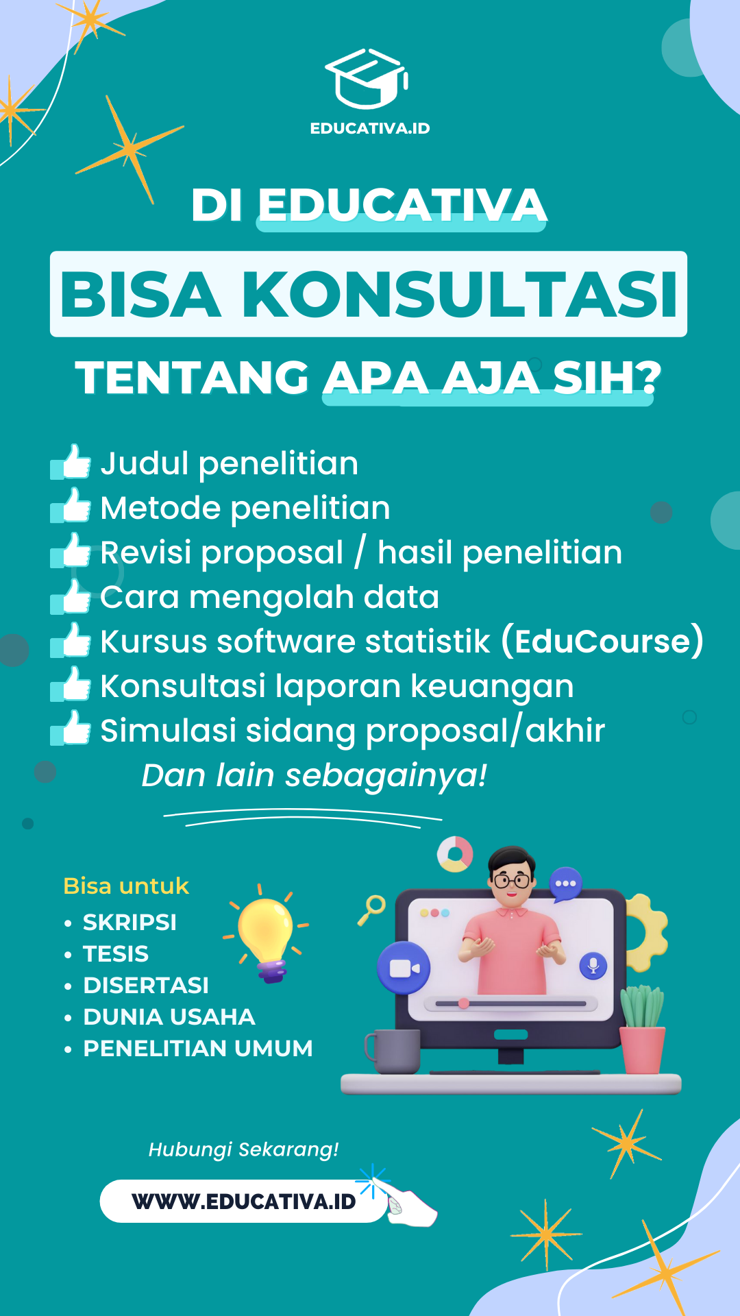 Jasa konsultasi penelitian skripsi, tesis, disertasi untuk semua jurusan. Bimbingan online profesional. Bimbingan menentukan judul dan metode yang tepat.