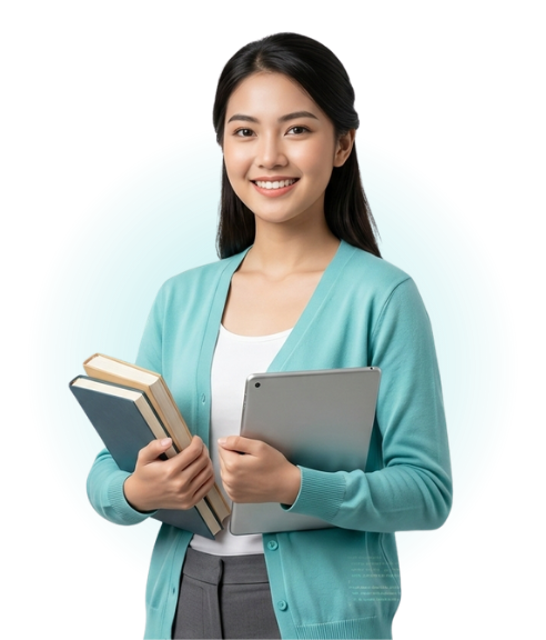 Mahasiswi Asia membawa buku dan tablet